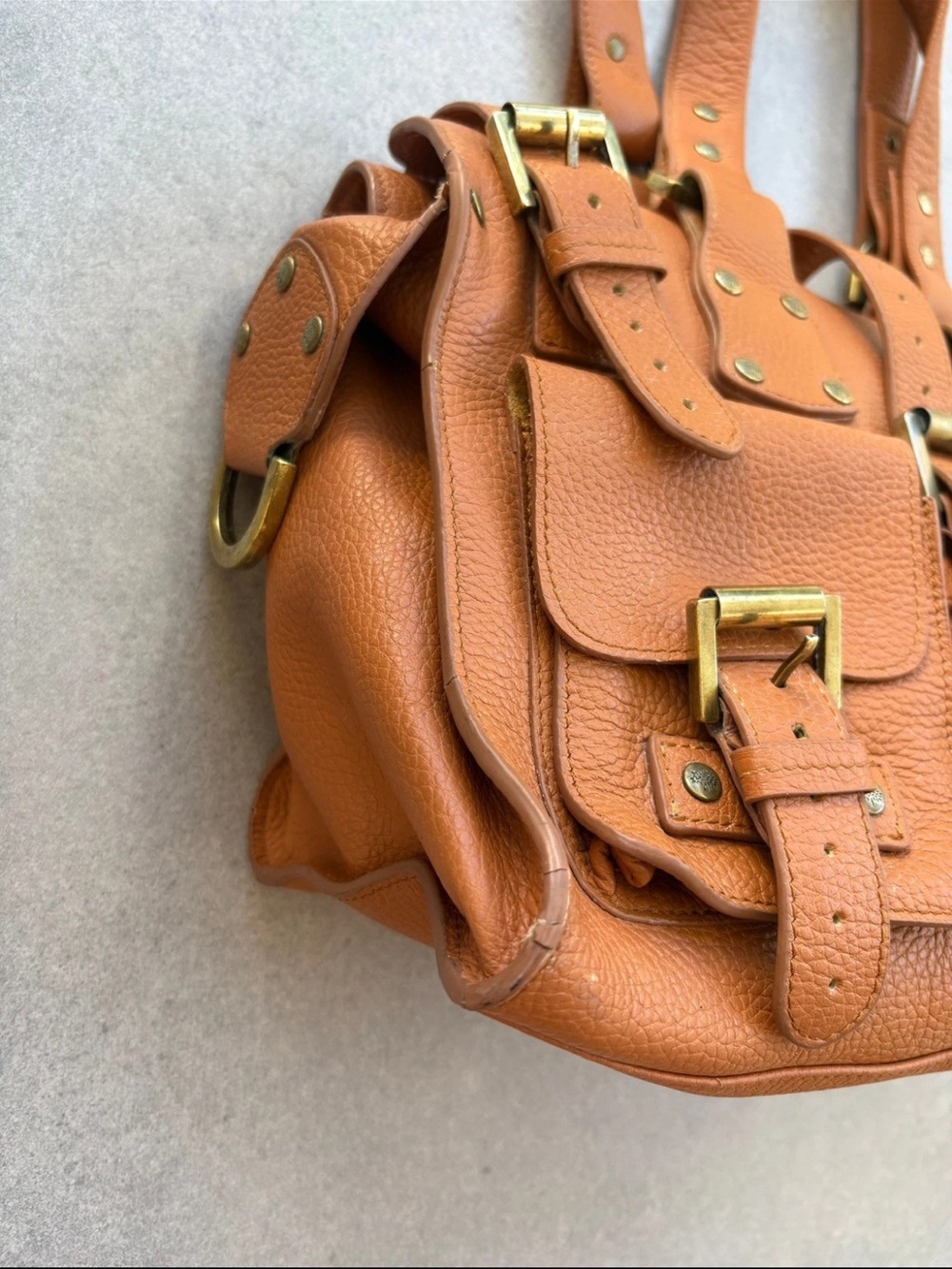 Mulberry Orange-Tan Pebbled Leather Satchel with Buckle Pockets - Picture 7 of 16